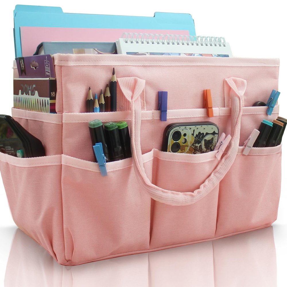Cupohus Art Organizer Craft Storage Tote Bag with Pockets and Handles, Oxford Fabric Carrying Caddy for Teacher, Officer, Artist, Traveler, and more Pink