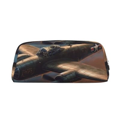 LZQPOEAS World War Aircraft Pencil Case Leather Pen Bag Travel Makeup Bag Zipper Organizer Bag for Women Men