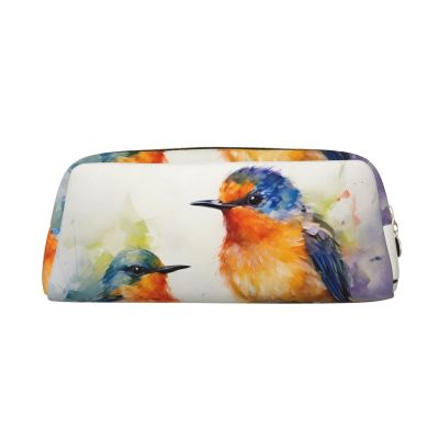 LZQPOEAS Oil painting bird Pencil Case Leather Pen Bag Travel Makeup Bag Zipper Organizer Bag for Women Men