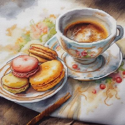NineTribe Basics Coffee and Cookie Cross Stitch Kits for Beginners Pattern Stamped Cross-Stitch Supplies Needlework DIY 11CT 3 Strands Cotton Thread Printed DIY Needlepoint Kits 5050cm (YR124)