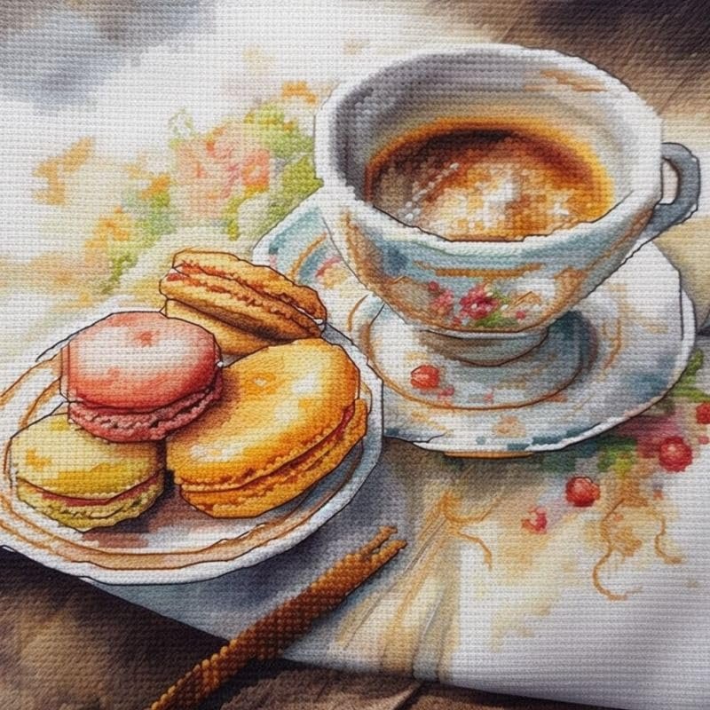 NineTribe Basics Coffee and Cookie Cross Stitch Kits for Beginners Pattern Stamped Cross-Stitch Supplies Needlework DIY 11CT 3 Strands Cotton Thread Printed DIY Needlepoint Kits 5050cm (YR124)