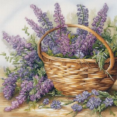 NineTribe Basics Basket of Lavander Cross Stitch Kits for Beginners Pattern Stamped Cross-Stitch Supplies Needlework DIY 11CT 3 Strands Cotton Thread Printed DIY Needlepoint Kits 5050cm (YR108)