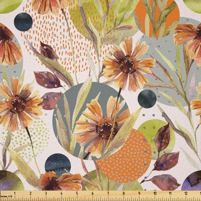 Ambesonne Retro Fabric by The Yard, Watercolor Daisy Like Flowers and Leaves with Circles Dots Colorful, Microfiber Fabric for Arts and Crafts Textiles & Decor, 10 Yards, Grey Multicolor
