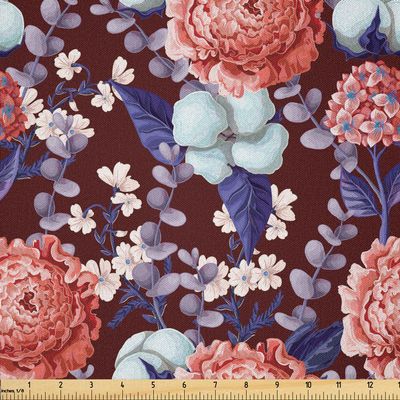 Ambesonne Flowers Fabric by The Yard, Vintage Romantic Themed Hydrangeas Cotton-Flowers and Eucalyptus Branches, Microfiber Fabric for Arts and Crafts Textiles & Decor, 10 Yards, Grey Multicolor
