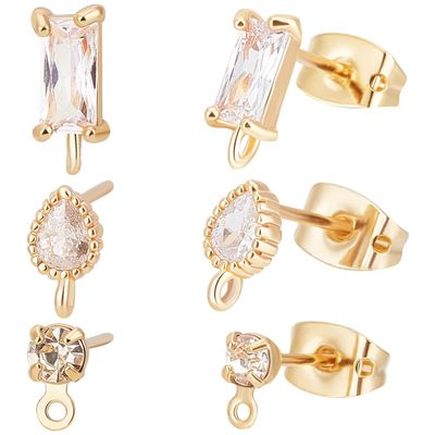 Beebeecraft 1 Box 30Pcs 3 Styles Post Studs Earrings with Loop 18K Gold Plated Cubic Zirconia Teardrop Rectangle Stud Earring Findings and 30Pcs Butterfly Earring Backs for Jewellery Making