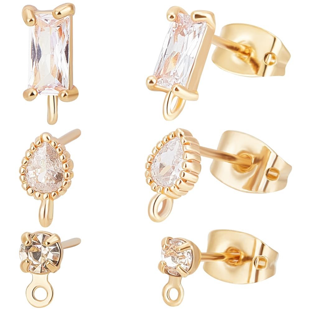 Beebeecraft 1 Box 30Pcs 3 Styles Post Studs Earrings with Loop 18K Gold Plated Cubic Zirconia Teardrop Rectangle Stud Earring Findings and 30Pcs Butterfly Earring Backs for Jewellery Making
