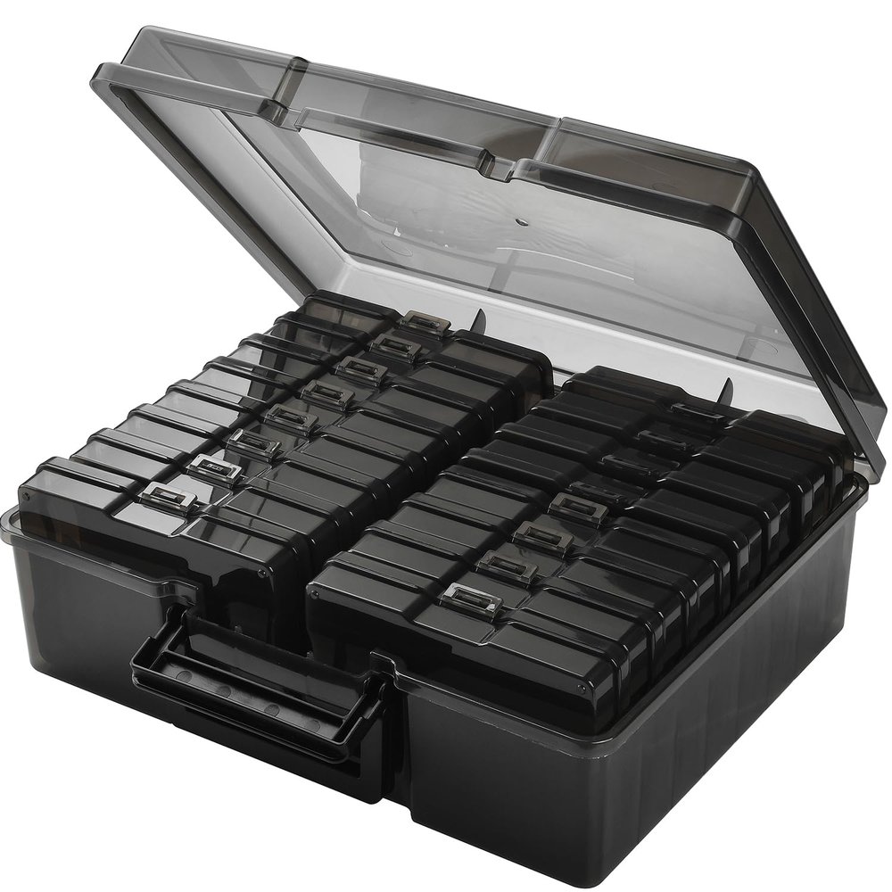 Haundry Photo Storage Box with 16 Inner 4" x 6" Photo Case, Portable Storage Organizer with Handle Craft Keeper for Picture, Stickers, Stamps, Screws, Hair Clips, Black