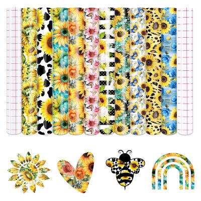 HTVSTD Sunflower Permanent Vinyl - 10 Sheets 12"x10" Floral Patterned Permanent Adhesive Vinyl for Mugs Decors Self Adhesive Stickers