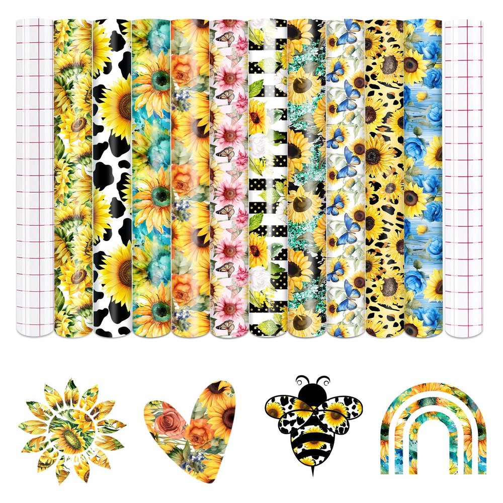 HTVSTD Sunflower Permanent Vinyl - 10 Sheets 12"x10" Floral Patterned Permanent Adhesive Vinyl for Mugs Decors Self Adhesive Stickers