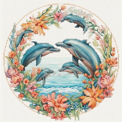 NineTribe Basics Dolphins and Flower Cross Stitch Kits for Beginners Stamped Cross-Stitch Supplies Needlework DIY 11CT 3 Strands Cotton Thread Printed DIY Needlepoint Kits 5050cm (sm46), FIF-CUCROSS 325A46
