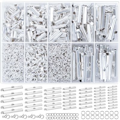 EuTengHao Silver Slider Clasp Kit for Beading, Tube Slide Cord Ends with Lobster Clasp, Chain Extender, Jewelry Findings for Beading Necklace Bracelet Making (6 Sizes, Bright Silver, 540Pcs)
