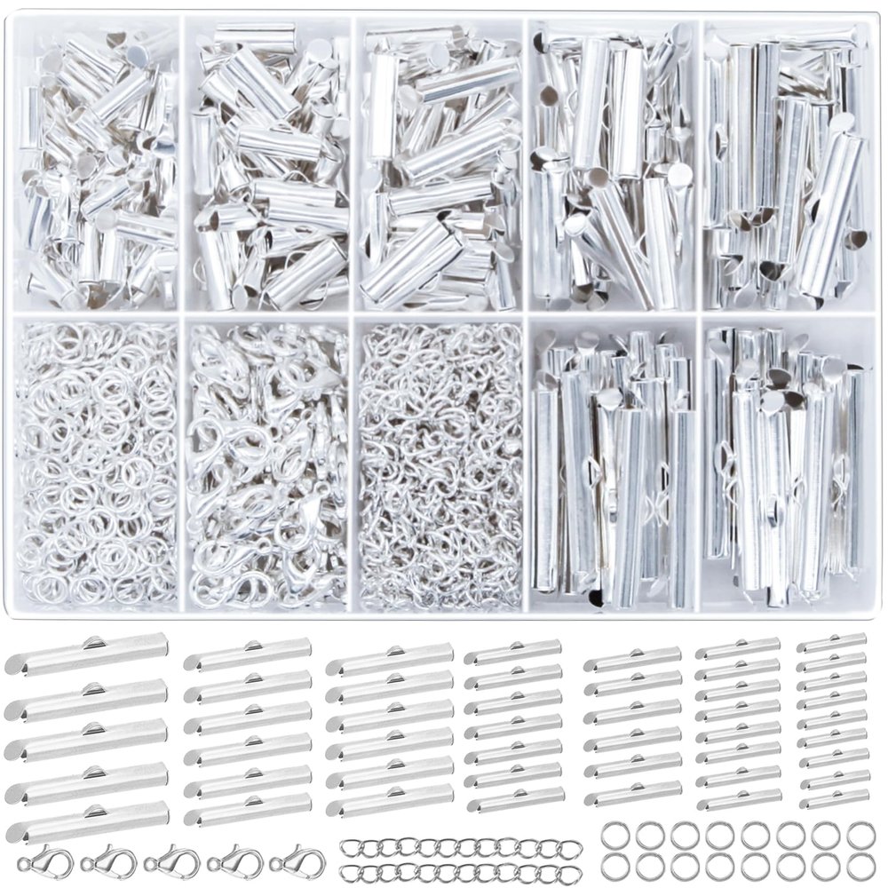 EuTengHao Silver Slider Clasp Kit for Beading, Tube Slide Cord Ends with Lobster Clasp, Chain Extender, Jewelry Findings for Beading Necklace Bracelet Making (6 Sizes, Bright Silver, 540Pcs)