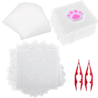 LOSYHU 20 PCS Large Fuse Beads Pegboards Square Plastic Bead Board 5mm Clear Fuse Melty Beads Boards with 20 Ironing Paper and 2 Tweezers for DIY Craft