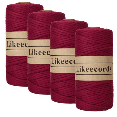 Likeecords 4 Skeins of 4mm X 80m Single Strand Macrame Cord Handmade Decorations Softer Natural Cotton Bohemia DIY Wall Hanging Plant Hanger Craft Knitting Cord Rope(Dark Red)