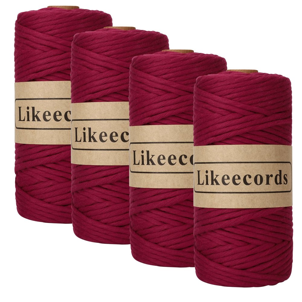 Likeecords 4 Skeins of 4mm X 80m Single Strand Macrame Cord Handmade Decorations Softer Natural Cotton Bohemia DIY Wall Hanging Plant Hanger Craft Knitting Cord Rope(Dark Red)