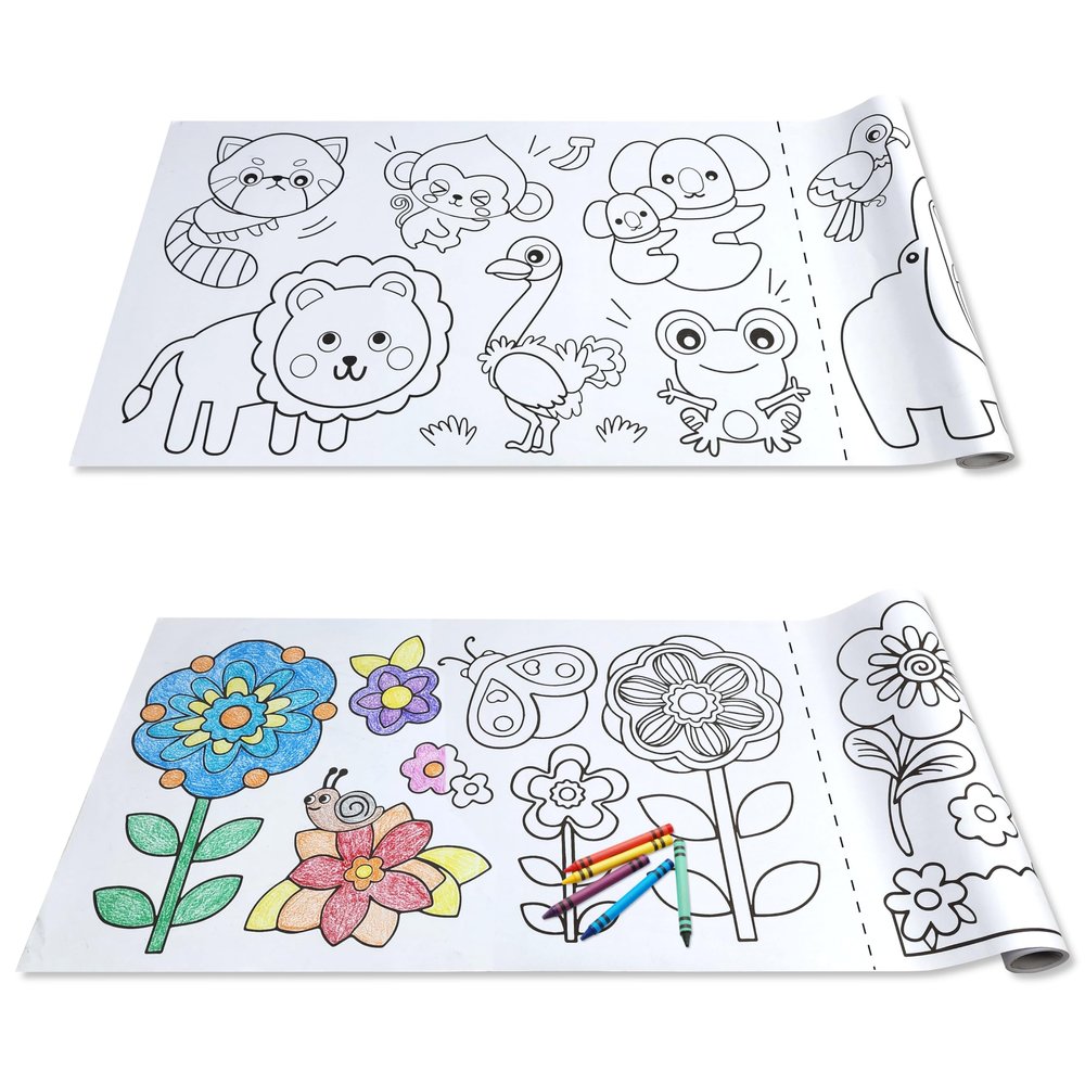 Adventure Awaits! 10 ft Adhesive Coloring Book Paper Roll Set | 2 Pack: Animals Design Roll & Flowers Design Roll | Perforated in 20 Inch Sections