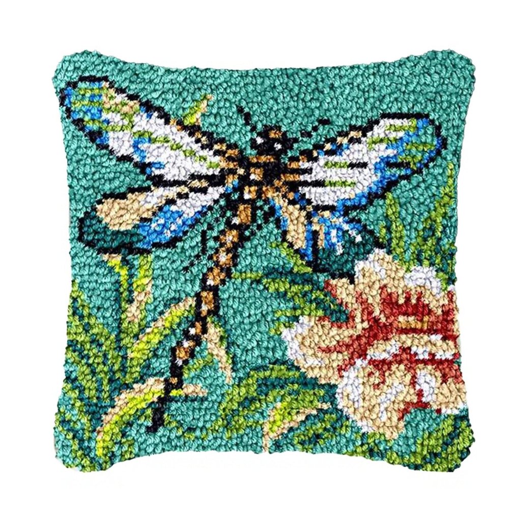 clubevy Latch Hook Pillow Kit for Adults Kids DIY Throw Pillow Cover Printed Canvas Dragonfly Pattern Handcraft Crochet Home Decor