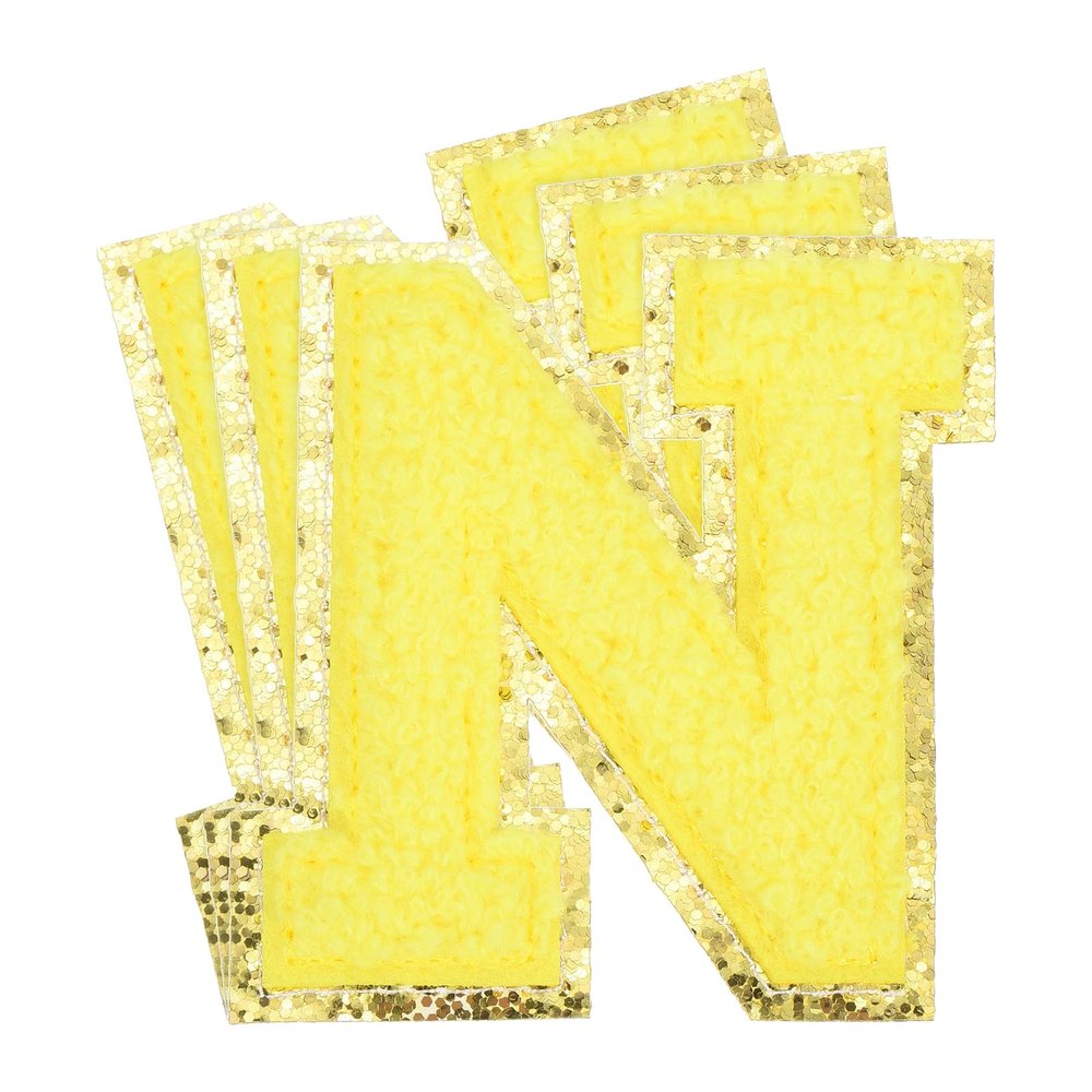 MECCANIXITY 3Pcs Chenille Letters Patches Large Size 3.15"x2.76" Iron-on Letters N Golden Glitter Embroidered Patches for Clothing, Shoe, Hats, Backpacks (Yellow)
