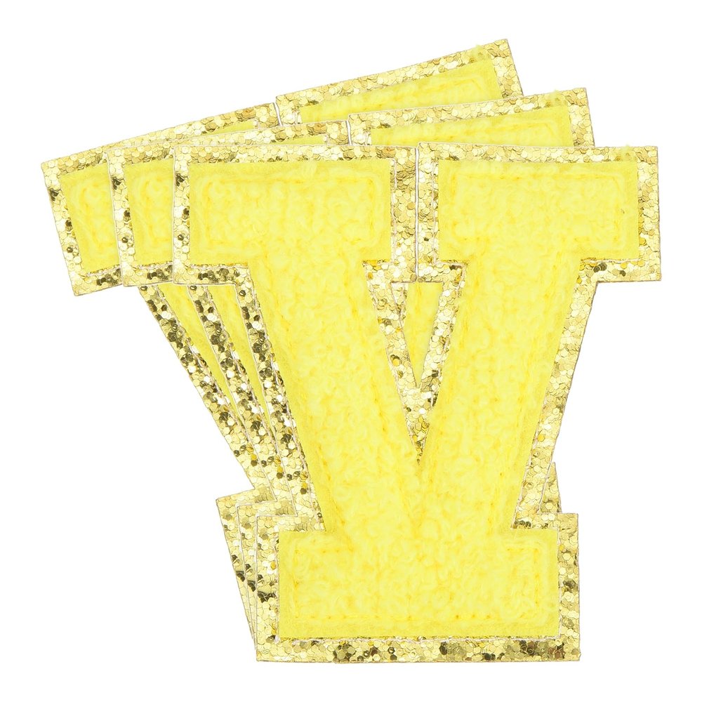 MECCANIXITY 3Pcs Chenille Letters Patches Large Size 3.15"x2.95" Iron-on Letters V Golden Glitter Embroidered Patches for Clothing, Shoes, Hats, Backpacks, (Yellow)