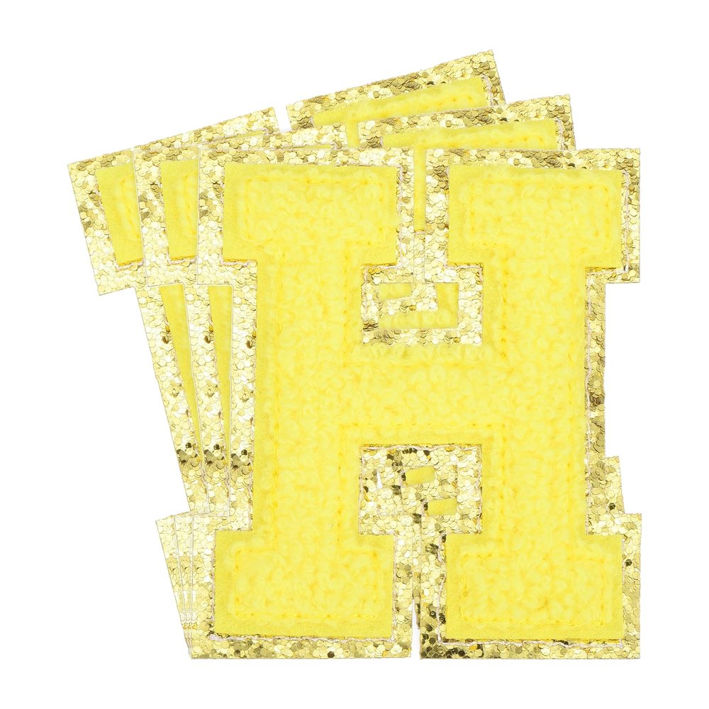 MECCANIXITY 3Pcs Chenille Letters Patches Large Size 3.15"x2.68" Iron-on Letters H Golden Glitter Embroidered Patches for Clothing, Shoes, Hats, Backpacks (Yellow)