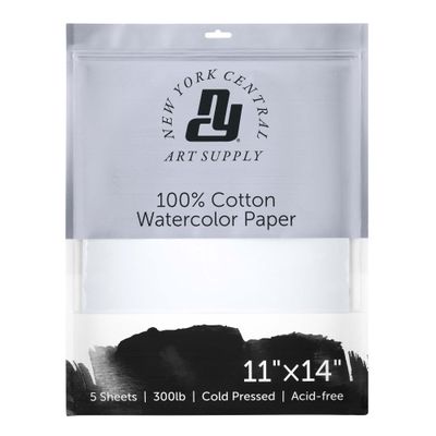 New York Central Watercolor Paper - 11x14-1 Pack of 5 Sheets - 300 lb. Cold Press - 100% Cotton, Acid-Free, Archival Quality, Bright White Watercolor Paper Pad for Wet & Dry Media