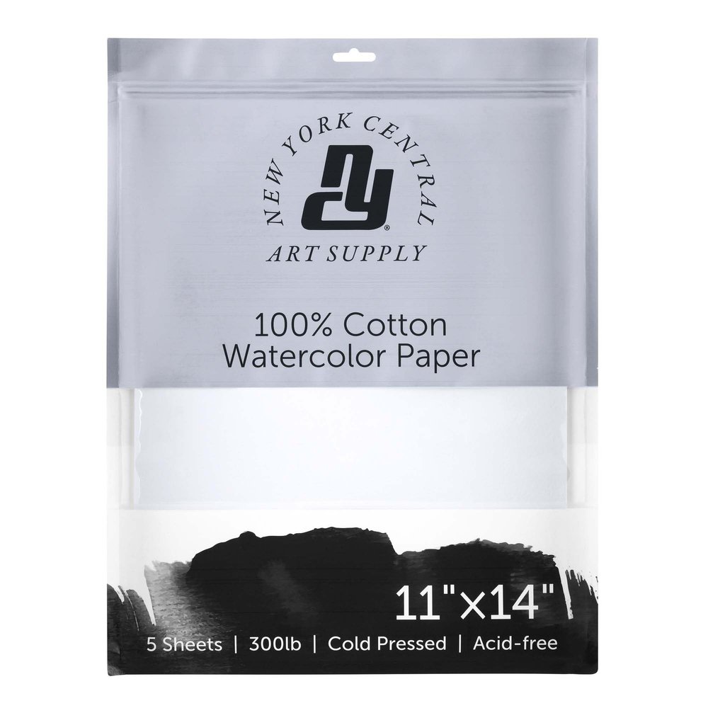 New York Central Watercolor Paper - 11x14-1 Pack of 5 Sheets - 300 lb. Cold Press - 100% Cotton, Acid-Free, Archival Quality, Bright White Watercolor Paper Pad for Wet & Dry Media