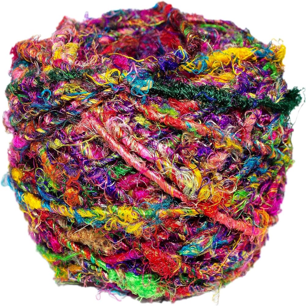 Recycled Sari Silk Yarn - Bulky Yarn - Multicolor Ball (85 Yards, 100 Grams) | Great for Knitting, Crochet, Weaving (Pack of 5)