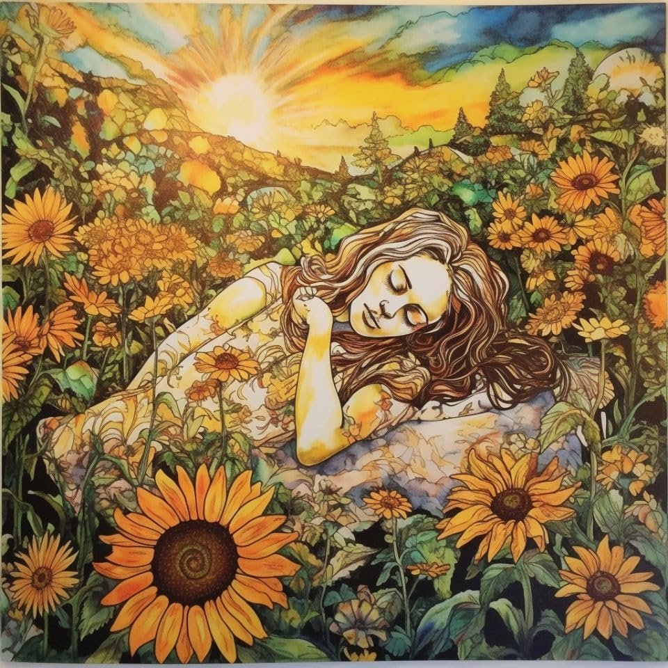 NineTribe Basics Psychedelic Sunflower Angel Girl Cross Stitch Kits for Beginners Stamped Cross-Stitch Supplies Needlework DIY 11CT 3 Strands Cotton Thread Printed DIY Needlepoint Kits 4545cm (dl29)