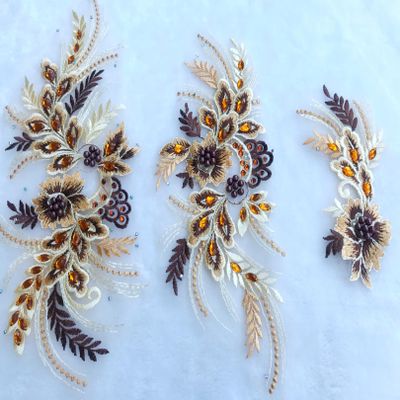 Beaded Applique,Embroidery Applique, Colorful Rhinestone Applique Flower Embroidered Lace Beading Clothes Patches Dress Performance Decor Gown Accessories (Color : Golden Brown, Size : As The Pictur