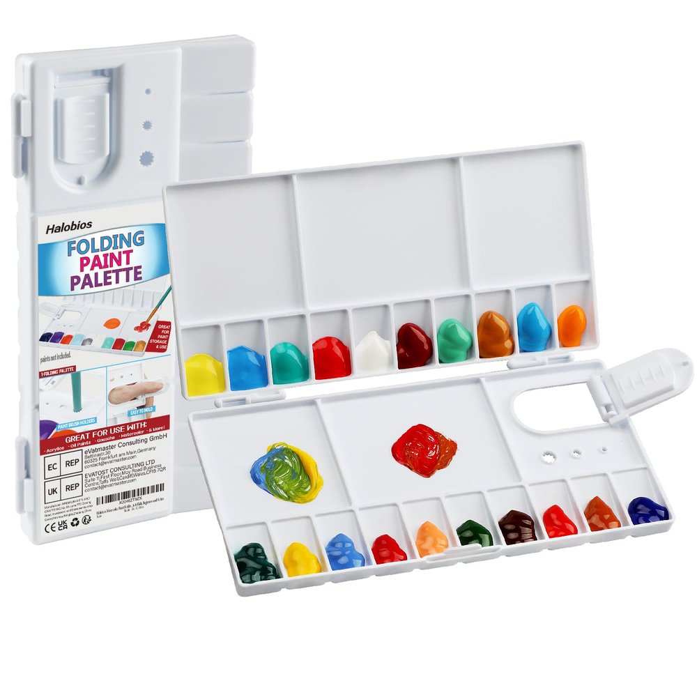 Watercolor Palette, Halobios Paint Palette with 20-Well and 5 Mixing Areas, Folding Paint Tray with Thumbhole and Paint Brush Holder, Plastic Painting Palette for Children Beginners Artists(1 Pack)