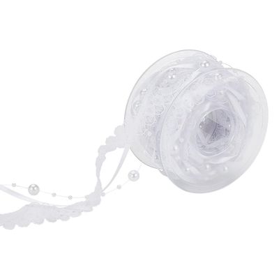 GOMAKERER 1 Roll Beaded Lace Ribbon, Pearl String Satin Polyester Flower Lace Trims Christmas Tree Decoration Ribbon for Sewing Craft Packaging, White