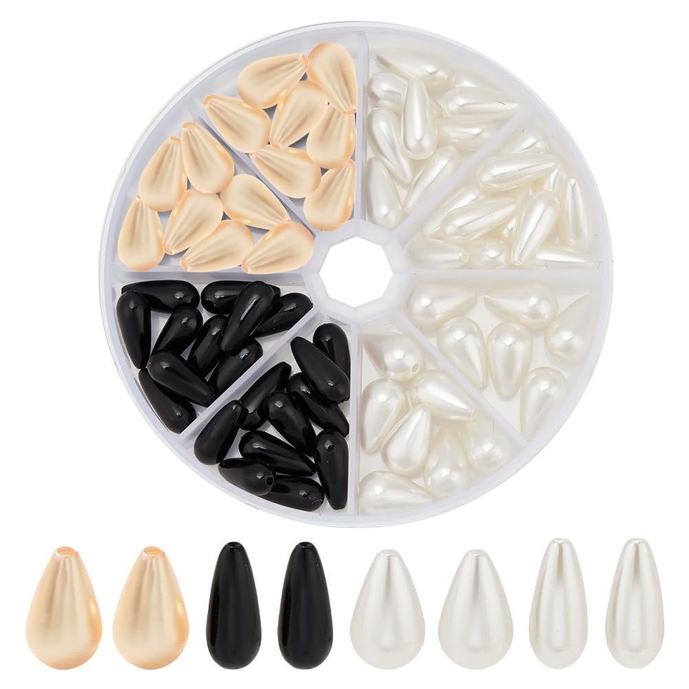 arricraft 80 Pcs Tear Drop Pearl Beads, 2 Sizes Black and White Pearlized Luster Satin Loose Beads Plastic Pearl Beads Water Drop Imitation Pearl Beads for Necklace Bracelet Jewelry Making