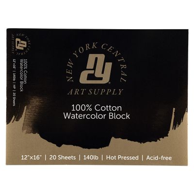 New York Central Watercolor Block, 140 lb Hot Press 12x16 inch, 20 Sheets, Archival Watercolor Paper for Artists, Students, Durable Water Color Paper, Suitable for Wet and Dry Media, Case Pack of 10