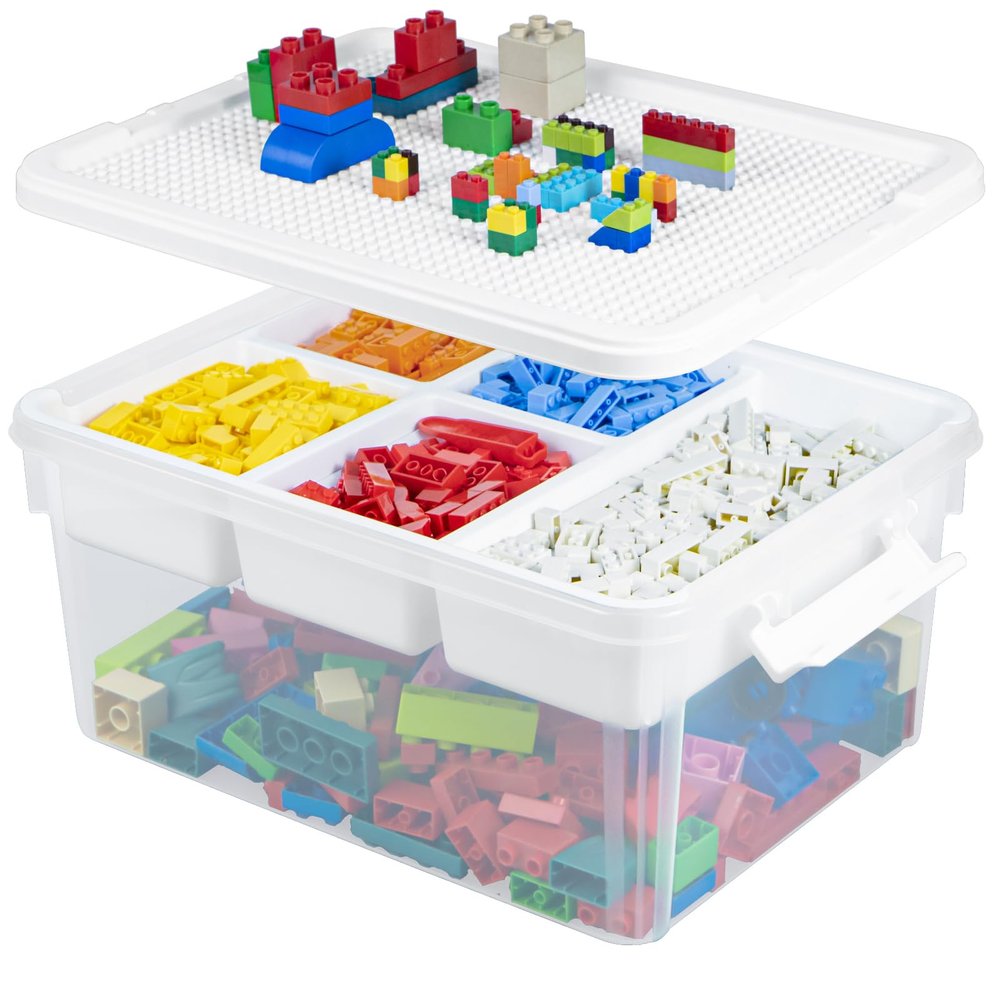 Creahaus 16L Organizers and lego storage Box with Removable Tray and lego building tray kids storage boxes Craft Box for Lego Art, Playdoh, Tool, Craft, Toy(Clear)