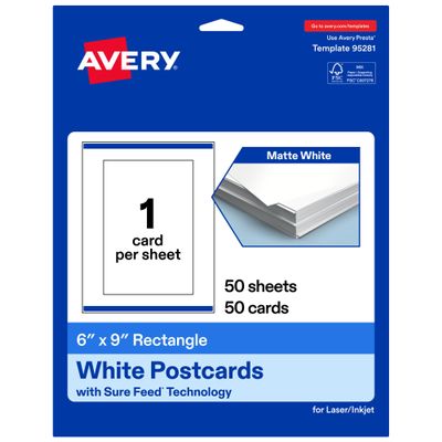 Avery Printable Rectangle Cards, Sure Feed Technology, 6" x 9", Matte White Cardstock, Print-to-the-Edge, Laser/Inkjet Cards, 50 Total