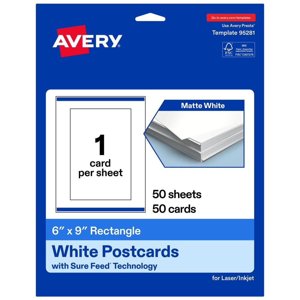 Avery Printable Rectangle Cards, Sure Feed Technology, 6" x 9", Matte White Cardstock, Print-to-the-Edge, Laser/Inkjet Cards, 50 Total