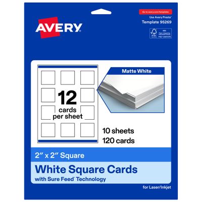 Avery Printable Square Cards, Sure Feed Technology, 2" x 2", Matte White Cardstock, Print-to-the-Edge, Laser/Inkjet Cards, 120 Total