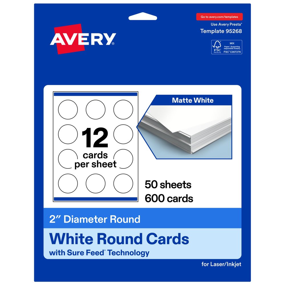 Avery Printable Round Cards, Sure Feed Technology, 2" Diameter, Matte White Cardstock, Print-to-the-Edge, Laser/Inkjet Cards, 600 Total