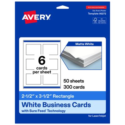 Avery Printable Rectangle Cards, Sure Feed Technology, 2.5" x 3.5", Matte White Cardstock, Print-to-the-Edge, Laser/Inkjet Cards, 300 Total