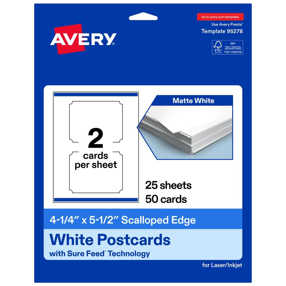 Avery Printable Scalloped Corner Cards, Sure Feed Technology, 4.25" x 5.5", Matte White Cardstock, Print-to-the-Edge, Laser/Inkjet Cards, 50 Total