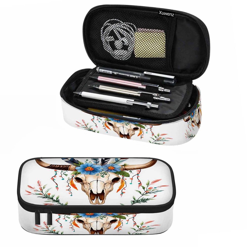 Xuwenz Cow Skull Pencil Holder Bag Bull Head Flowers Feathers Boho Style Pencil Case College Office School for Teens Boy Girl