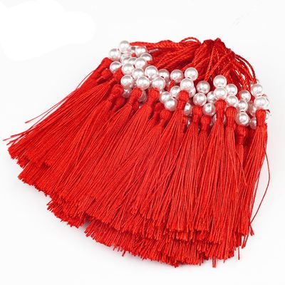 100 PCS Bookmark Tassels Bulk Pearl Silky Mini Small Tassels with Hanging Loop for Jewelry Making Crafts DIY Keychains (Red)
