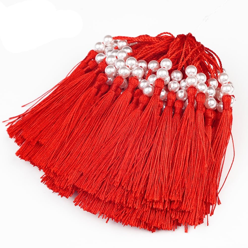 100 PCS Bookmark Tassels Bulk Pearl Silky Mini Small Tassels with Hanging Loop for Jewelry Making Crafts DIY Keychains (Red)