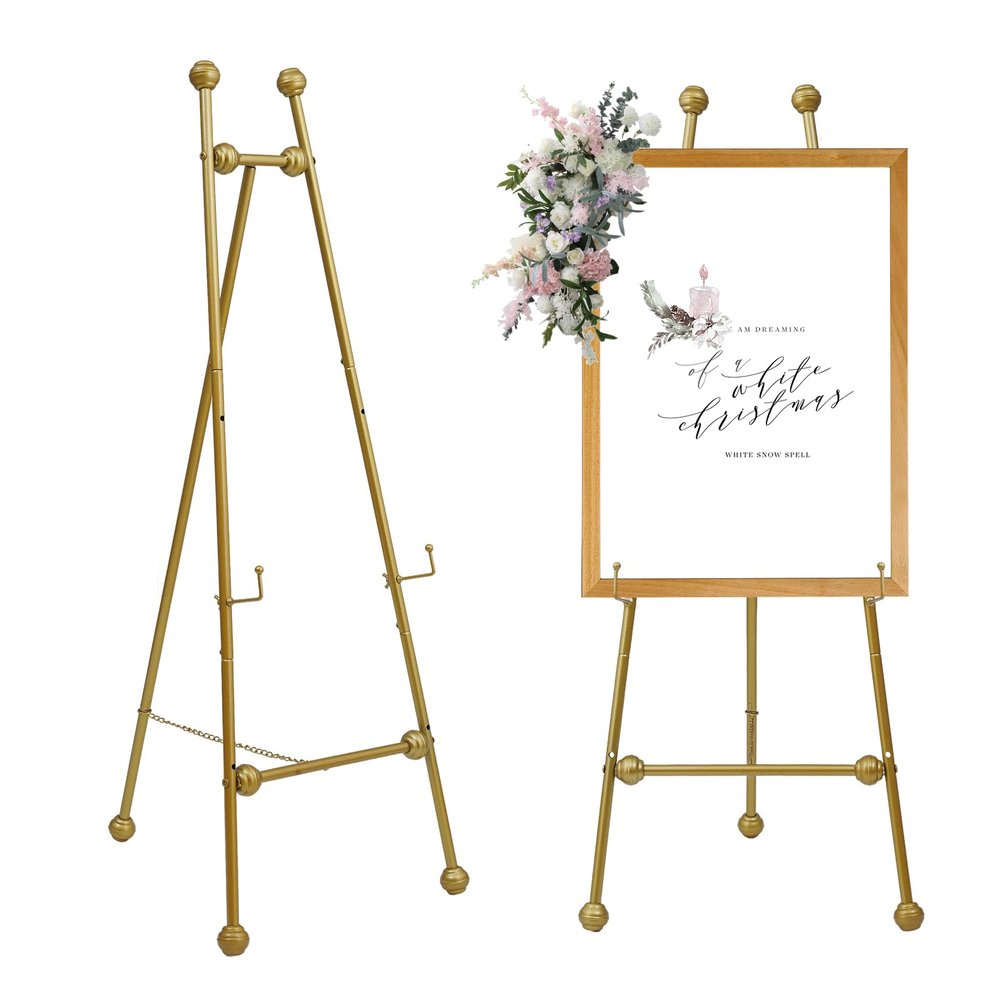 Metal Easel Stand with Chain Support for Mirror,58 Inch Iron Adjustable Arts & Crafts Easels,Floor Easels for Display Wedding Sign(Gold)
