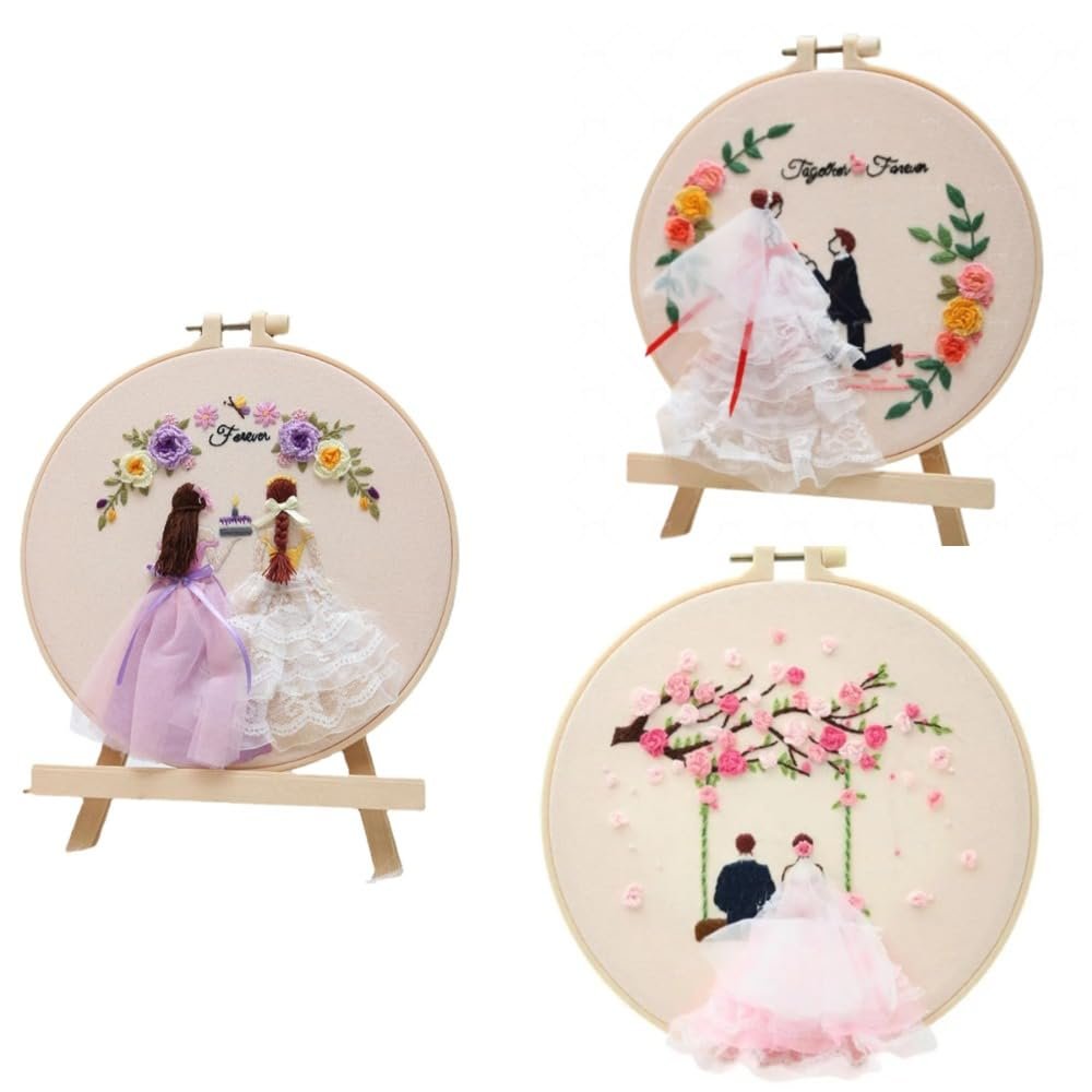 3 Sets Embroidery Kit Wedding Cross Stitch Kits Bride Embroidery Kit for Beginners Stamped Starter Embroidery Set Instructions Needlepoint Kits DIY Embroidery Starter Kit Hoop for Adults (Purple)