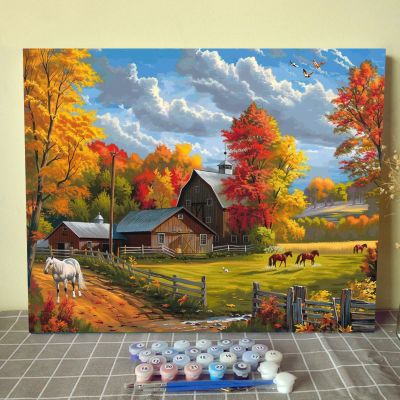 Paint by Number Kits 16 x 20inch America Farm Digital Paint by Number Horse Farm ,Autumn Forest DIY Oil Painting for Adults Beginner with Brushes & Acrylic Pigment - Cbin ,Cottage Gifts(Without Frame