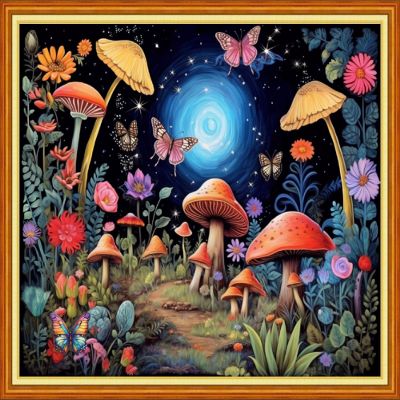 Foxdiviy Mushroom Scenery 16x20 inch Stamped Cross Stitch Kit - 11CT Embroidery Patterns for Beginners - Adults & Kids - Vintage Nature Theme