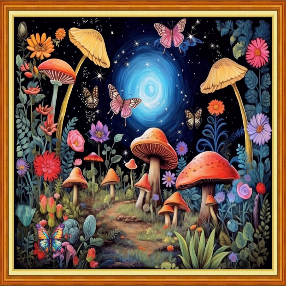 Foxdiviy Mushroom Scenery 16x20 inch Stamped Cross Stitch Kit - 11CT Embroidery Patterns for Beginners - Adults & Kids - Vintage Nature Theme