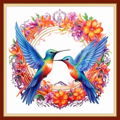 Foxdiviy Stamped Cross Stitch Kits - Flower Hummingbird 18x18 inch - Pre-printed Embroidery Patterns - Art Crafts DIY Needlework Starter Kits for Beginners Adults All Ages