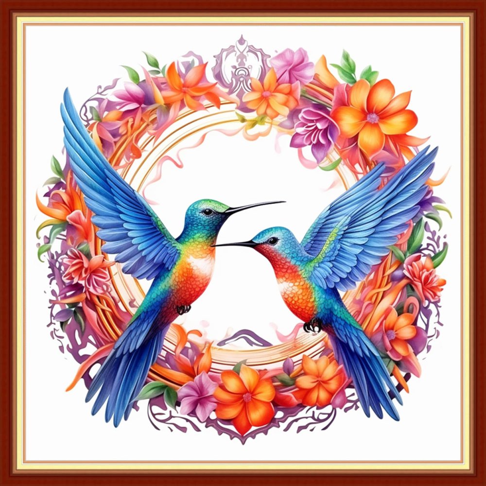Foxdiviy Stamped Cross Stitch Kits - Flower Hummingbird 18x18 inch - Pre-printed Embroidery Patterns - Art Crafts DIY Needlework Starter Kits for Beginners Adults All Ages